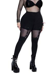 Whyspr 大码时尚高腰修身打底裤，配撞色网眼嵌件和金属扣装饰，打底裤