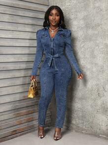 Slaydiva Women's Casual Washed Slim Fit Jumpsuit For Autumn