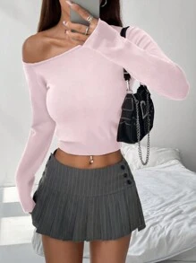 SHEIN Unity 女士纯色不对称领长袖简约休闲套头毛衣针织衫秋冬毛衣 - 粉色 - 查看 3