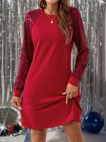 SHEIN LUNE Women's Casual Christmas Sequin Splice Sleeve Christmas Party Mini Dress Christmas Women Clothes Holiday Sequin Dress Party Dresses For Women New Years Women Outfit - Red - View 1