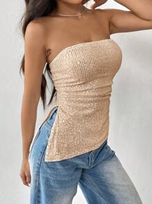 SHEIN EZwear Áo hai dây sequin màu tối giản cho nữ, trang phục thường ngày - Rượu sâm banh - Xem 4