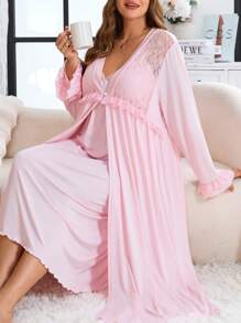 Plus Size Lace Patchwork Long Sleeve Minimalist Coat & Dress Loungewear Set, Vacation