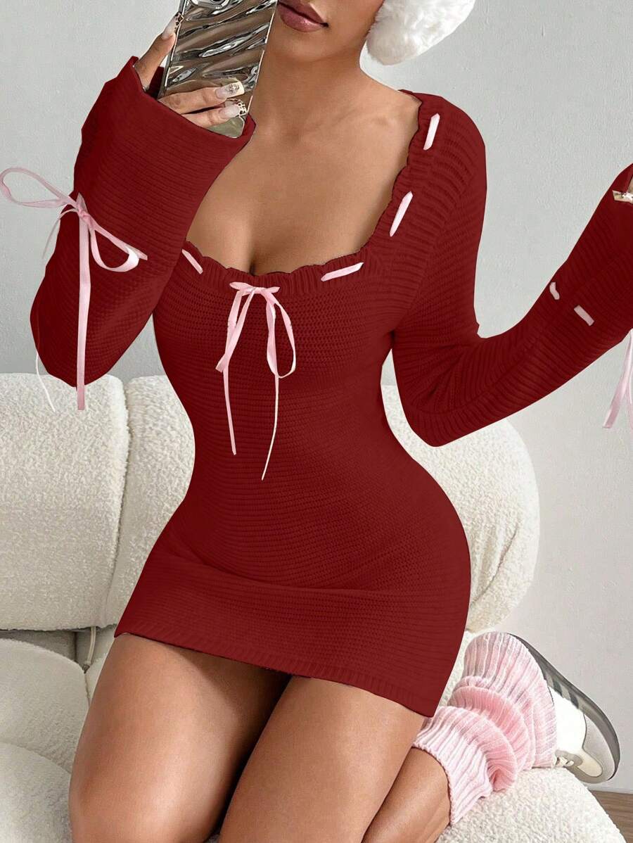 Flirla Women Contrast Color Block Front Tie Long Sleeve Casual Short Dress Fall Cloth For Women - Red - View 1