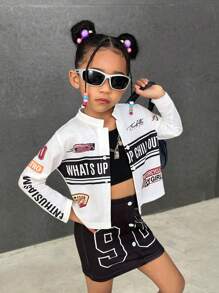 Set da ragazza casual e versatile, composto da giacca con stampa icona di motocicletta da strada americana + gonna aderente - Multicolore - Visualizzare 4