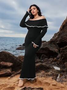 SHEIN VCAY Plus Size Off Shoulder Sheath Dress, Solid Color With Contrast Trim