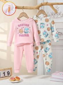 SHEIN 4pcs Baby Girl Cozy Home Outfit Set: Long Sleeve T-Shirt, Leggings With Delicious Drink, Sweet Food Print, Casual & Comfortable