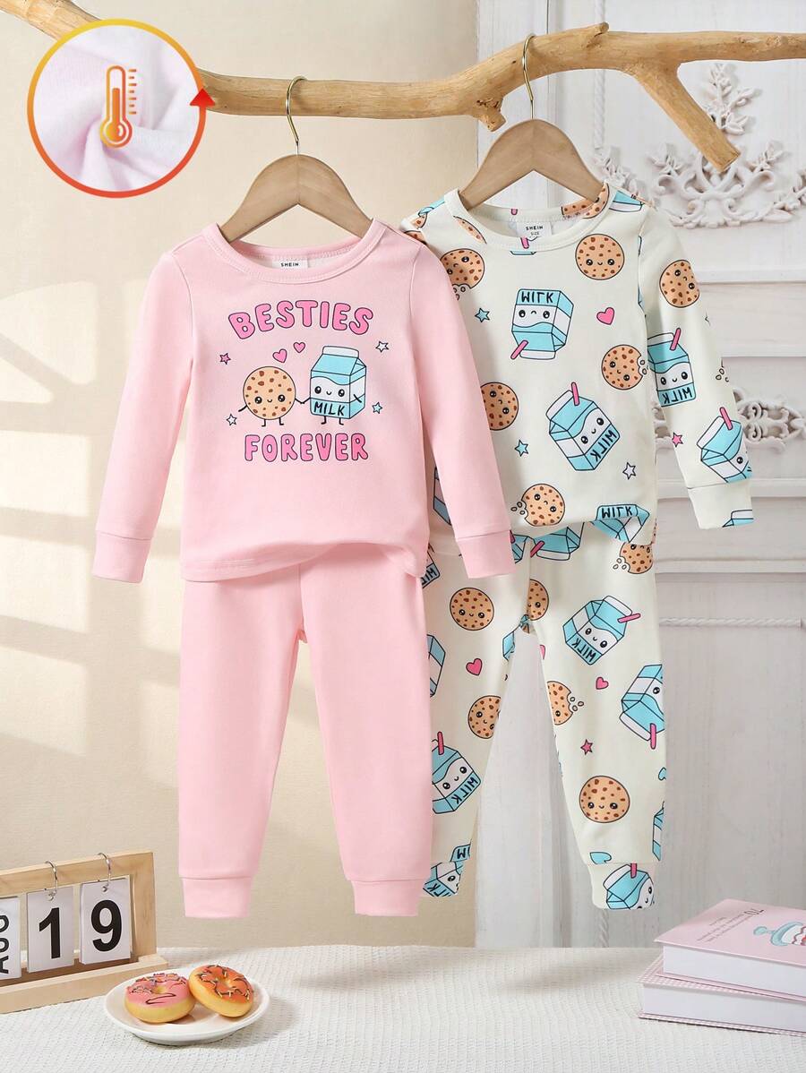 SHEIN 4pcs Baby Girl Cozy Home Outfit Set: Long Sleeve T-Shirt, Leggings With Delicious Drink, Sweet Food Print, Casual & Comfortable