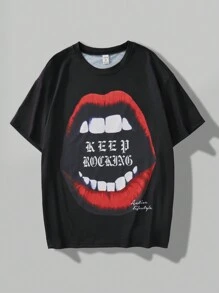 SHEIN Explorewe Teenage Boy's Punk Front Distorted Mouth Graphic Round Neck Short Sleeve T-Shirt - Black - View 1