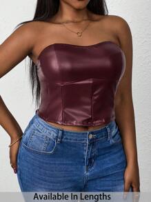 SHEIN PETITE CURVE Plus Size Women Crop Top PU Leather Minimalist Style Casual Top, Tube Top, Going Out Tops Women - Burgundy - View 1