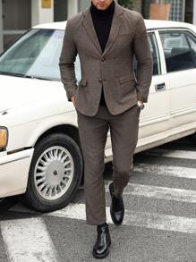 Manfinity Mode Men's Front Button Long Sleeve Pocket Flat Lapel Simple Shirt And Long Pants Suit Set - Multicolor - View 3