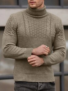 EURMUSE Solid Color High Neck Cable Knit Casual Pullover Sweater - Camel - View 4
