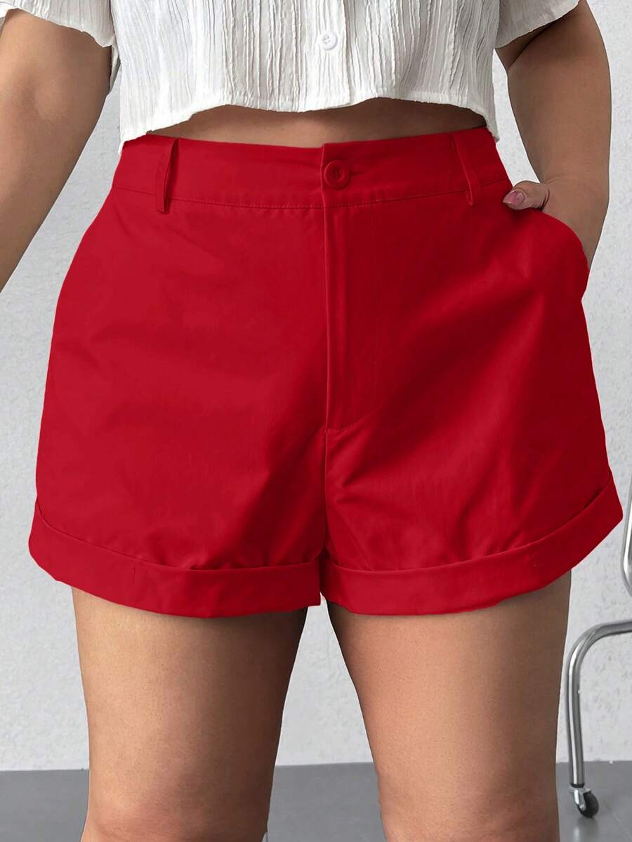 SHEIN EZwear 大码纯色前扣口袋简约短裤，休闲日常穿着 - 紅色 - 查看 1