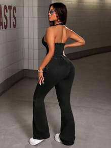 SHEIN ICON 女士侧腰系带镂空喇叭休闲牛仔连体裤 - 黑色 - 查看 2