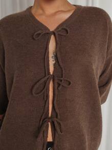 COSMINA Women's Casual Brown Front Bowknot Knitted Sweater - Brown - View 3
