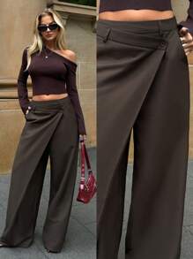 Forever 21 Vrouwen Asymmetrische Casual Wijde Pijp Broeken Damesmode Kantoor Pendelen Veelzijdige Hoge Taille High-End Asymmetrische Wijde Pijp Pak Broeken