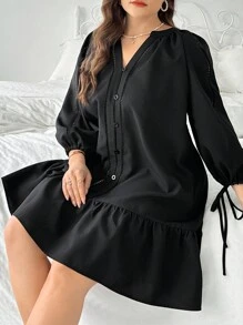 SHEIN Privé Plus Size V-Neck Shirt Style Short Loose A-Line Ruffle Hem Long Sleeve Casual Spring Autumn Dress, Women's Linen Black Midi Dress - Black - View 3