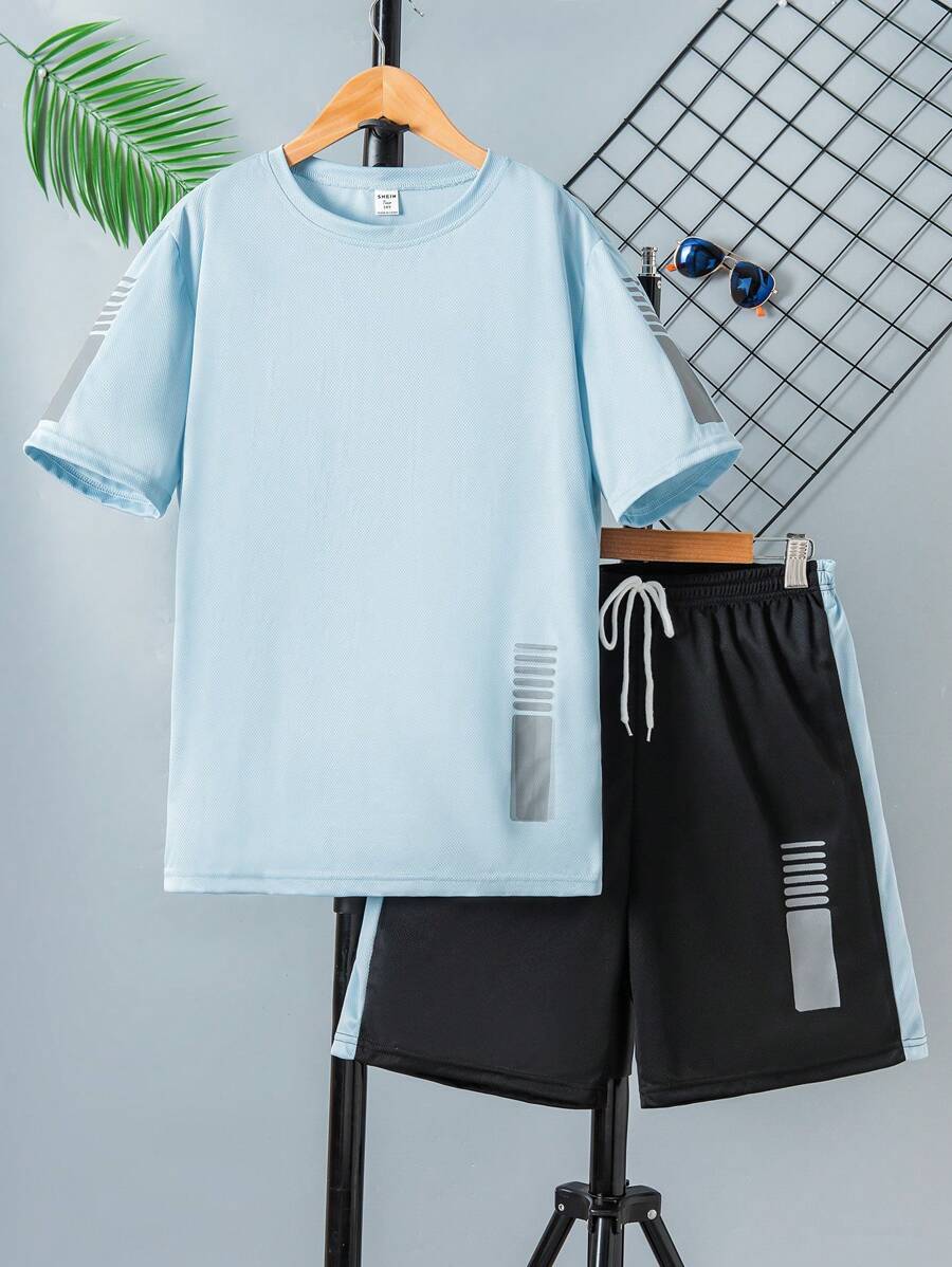 2 pièces Ensemble pull à capuche et pantalon décontracté, et confortable pour adolescents garçons - Bleu ciel - Voir 1