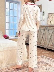 CottageSlumber CottageSlumber 2pcs/Set Women Contrast Color Lace Trim Collar Button Front Cardigan And Cherry Print Long Pants Pajama Set
