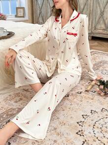 CottageSlumber CottageSlumber 2pcs/Set Women Contrast Color Lace Trim Collar Button Front Cardigan And Cherry Print Long Pants Pajama Set