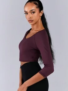 Athîral Top casual deportivo sólido de manga larga, cuello redondo, espalda abierta y diseño sencillo para mujer