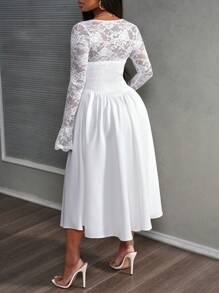 Slaydiva Vierkante hals kanten mouw mid-calf formele feestjurk - Zwart - M