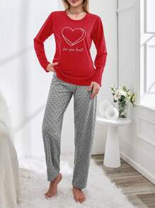 RueChic Women Letter Print Round Neck Long Sleeve Casual Top And Pants 2-Piece Set - Red - View 4
