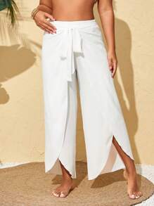 Swim Lushoire Pantalones Palazzo de talla grande para mujer con abertura frontal y bajo dividido, elegante para vacaciones y resorts en verano - Blanco - Ver 4