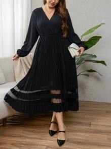 SHEIN Clasi 大码纯色网眼撞色 V 领长袖休闲连衣裙 - 黑色 - 查看 4