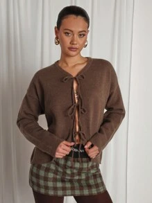 COSMINA Women's Casual Brown Front Bowknot Knitted Sweater - Brown - View 1
