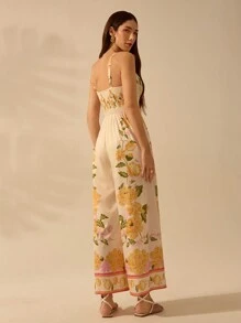 CAJUNI 女士波西米亚风彩色热带花卉印花无袖长款连体裤假日休闲海滩夏季连体裤