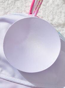 SHEIN MOD Bộ đồ bơi in hoa 2 món có dây đeo vai, quần trước nhún bèo và dây rút bên hông cho kỳ nghỉ hè ở bãi biển - Màu Hồng baby - Xem 4
