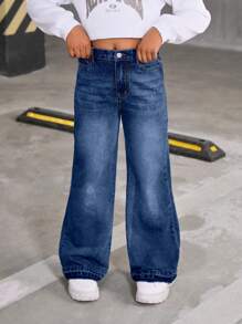 Tween Girls Y2K Edgy School Spirit Versatile Fashion Essentials, Girls Casual Everyday Streetwear Vintage Style Flared Comfortable Distressed Jeans - Dark Wash - View 1