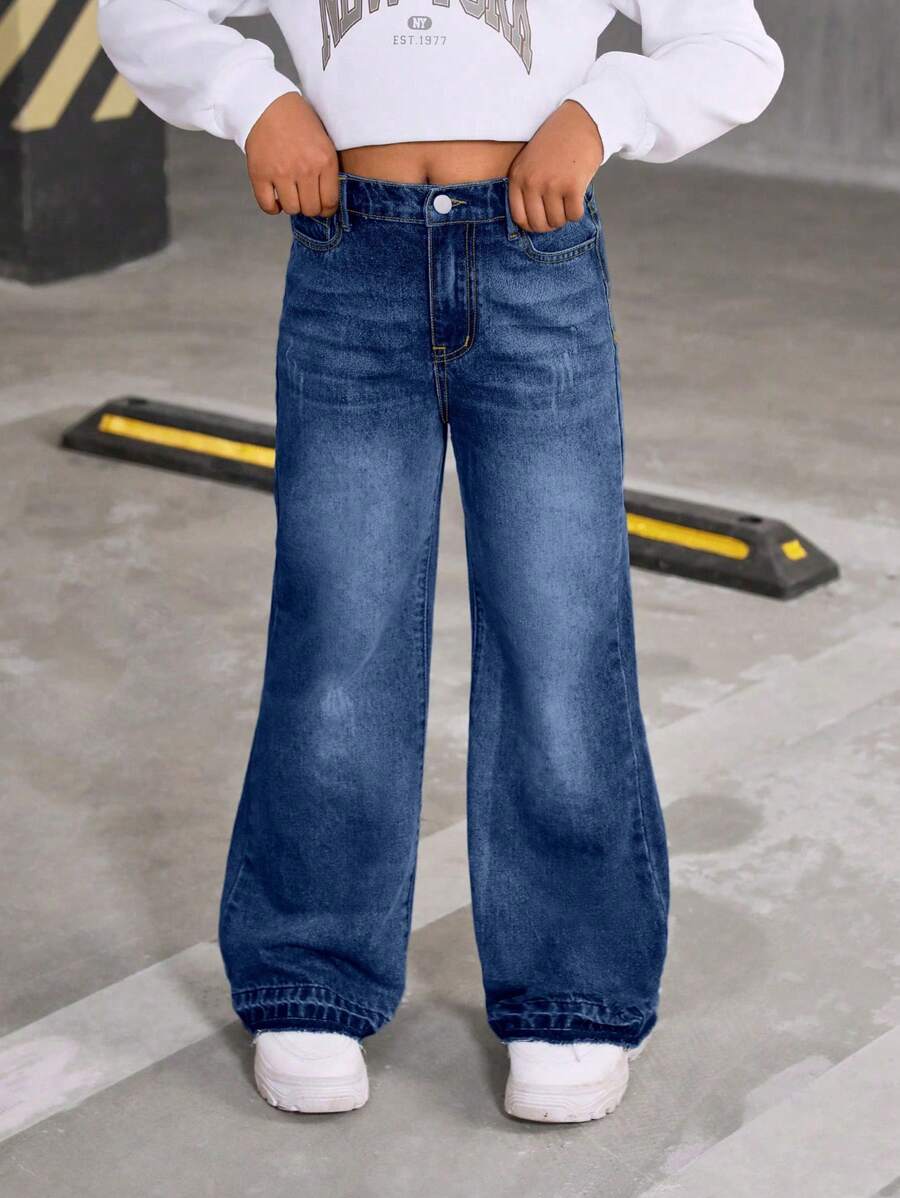 Tween Girls Y2K Edgy School Spirit Versatile Fashion Essentials, Girls Casual Everyday Streetwear Vintage Style Flared Comfortable Distressed Jeans - Dark Wash - View 1