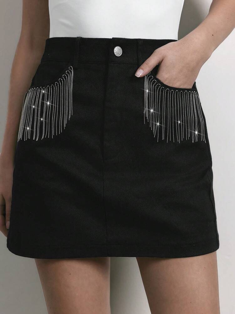 SHEIN Maija ビンテージスタイル ブラックウーブンメタルチェーンデコレーション カジュアルスカート レディース、お出かけ、休暇、パーティー、クリスマス、感謝祭、エレガント、厚手生地バレンタインデー向け