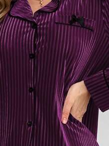 Conjunto de pijama de mujer de terciopelo suave y esponjoso con decoración de lazo, ropa de otoño e invierno, acogedor - Morado - Ver 5