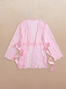 SHEIN Bộ đồ lót ren hoa hở lưng có dây thắt lưng, đồ lót khi đi chơi - Hồng - Xem 6