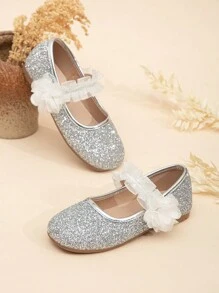 闪光花女童平底鞋 - 銀色 - 查看 1