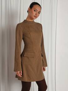 COSMINA Women Casual Striped Stand Collar Long Sleeve Mini Dress - Coffee Brown - View 3