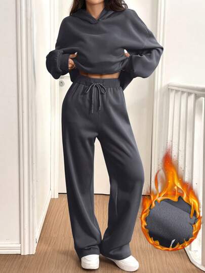 SHEIN EZwear 2pcs Women's Casual Thermal Lined Hoodie And Pants Set, Dark Gray, For Autumn/Winter