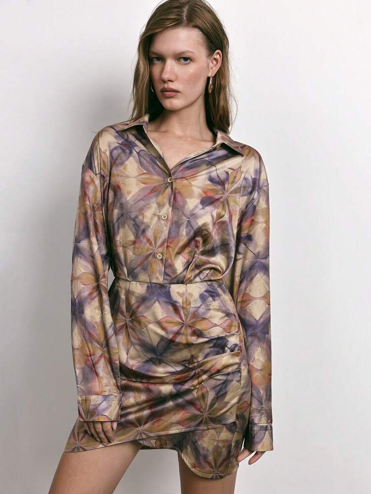 SHEIN Maija Winter New Urban Chic Elegant Kaleidoscope Art Print Women's Short Casual Dress, Suitable For Outing, Holiday, Party, Christmas Valentine's Day