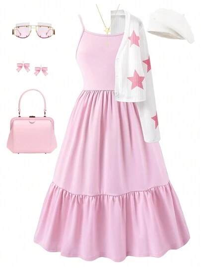 SHEIN Conjunto de niña preadolescente con cárdigan acanalado con estampado de estrella y vestido de tirantes finos de color liso en capas, ideal para vacaciones, verano y viajes