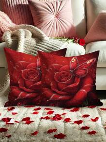 2 件情人节装饰玫瑰花朵蝴蝶天鹅绒抱枕套浪漫红色舒适柔软装饰枕套单面印花适用于客厅卧室沙发床装饰不含枕芯适合圣诞节 - 紅色 - 查看 1
