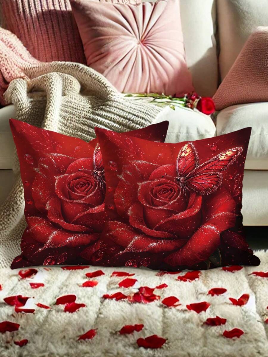 2 件情人节装饰玫瑰花朵蝴蝶天鹅绒抱枕套浪漫红色舒适柔软装饰枕套单面印花适用于客厅卧室沙发床装饰不含枕芯适合圣诞节 - 紅色 - 查看 1