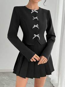 SHEIN Privé Women's Quality Diamond Bow Accent Waist Blazer - Black - View 1