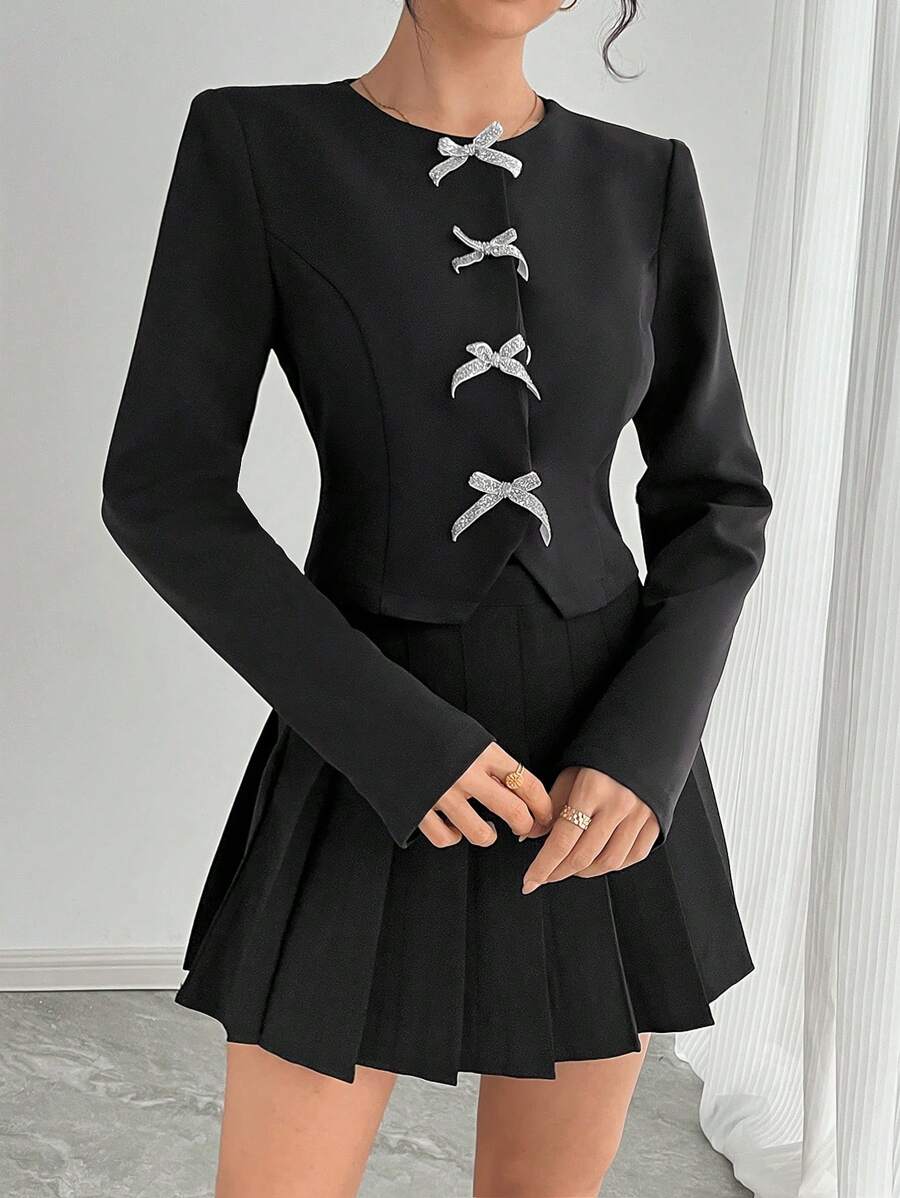 SHEIN Privé Women's Quality Diamond Bow Accent Waist Blazer - Black - View 1