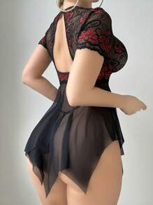 2pcs Lace Contrast Mesh Sexy Nightgown Set For Women (Wireless Bra, G-String) - Multicolor - View 2