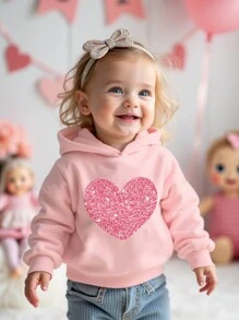 SHEIN 心形图案女婴柔软针织连帽衫运动衫，休闲加厚套头衫，适合秋冬季 - 粉色 - 查看 3