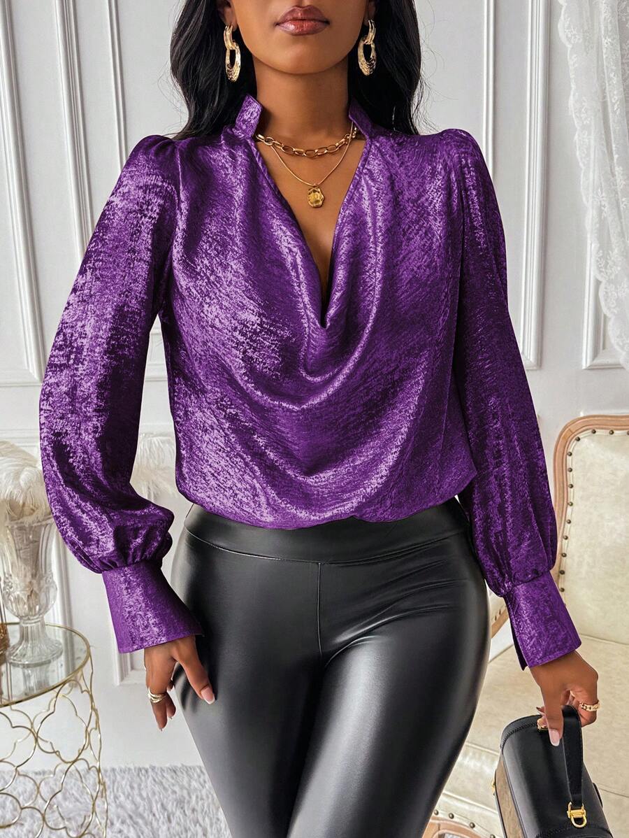 VaVaBold Elegante romantische damesblouse met kralenhalslijn, gemaakt van glanzende stof