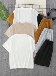 6pcs/Set Tween Boys' Casual Short Sleeve T-Shirt And Shorts Set