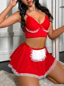 3 件套蕾丝拼布女仆角色扮演服装套装 - 紅白色 - 查看 7
